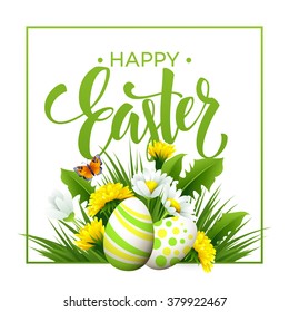 Easter greeting. Lettering Flower Egg. Vector illustration EPS10