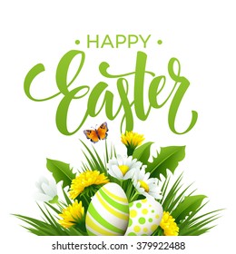 Easter greeting. Lettering Flower Egg. Vector illustration EPS10