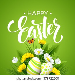 Easter greeting. Lettering Flower Egg. Vector illustration EPS10