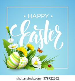 Easter greeting. Lettering Flower Egg. Vector illustration EPS10