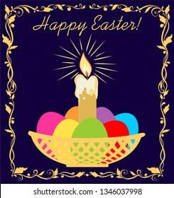 Easter greeting navy blue card with golden candle and rays, basket with painted eggs and floral vignette