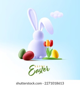 Easter greeting postcard with 3d render illustration of coloured eggs, white easter bunny and tulips flower, calligraphy greeting