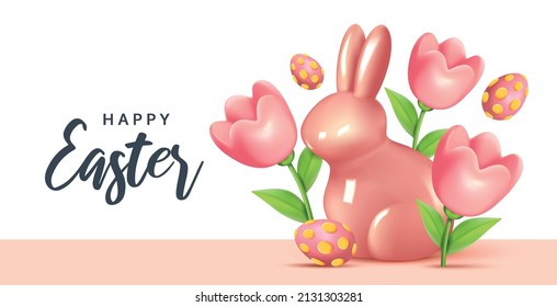 Easter greeting postcard. Modern minimal design with eggs, flowers  and  rabbits for social media, sale, advertisement, web.