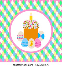 Easter greeting postcard. Vector illustration of easter items in circle on a background of rhombuses.