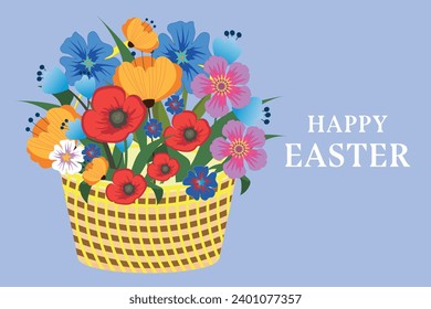 Cartel de saludo de Pascua, con una canasta de flores silvestres de primavera. Concepto de Pascua. Ilustración vectorial.