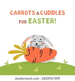 Easter Greeting poster card. Festive poster with funny lettering and bunny cuddles carrot. Greeting square post background for Social media. Vector flat illustration.