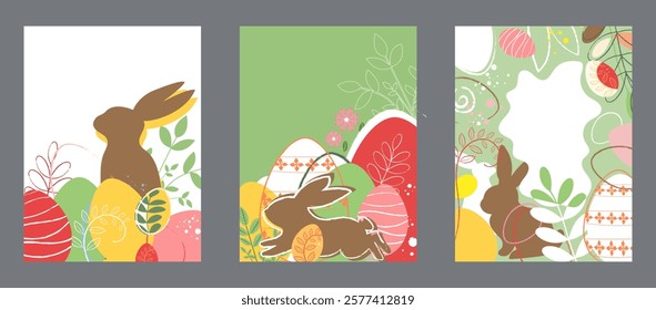 Easter greeting poster, flyer design card. Chocolate Bunny rabbit, Easter eggs, spring plants Layout with Holidays Decoration, presentation, brochure, banner, templates set, background.	