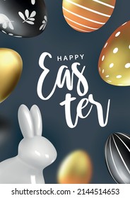 Easter greeting poster. Minimal design with white rabbit figurine, gold and black eggs.