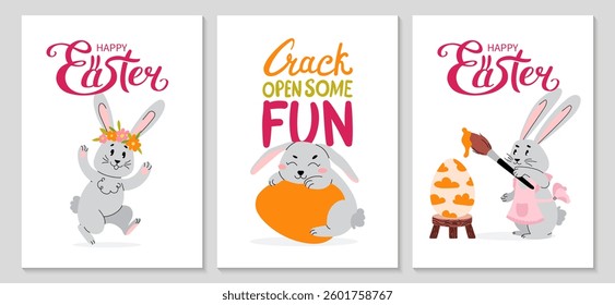 Easter Greeting poster Set. Bunny in various poses, painting eggs, sleeping. Hand drawn lettering. Vertical spring cards for social media, invitation, decorations in room. Vector illustration.