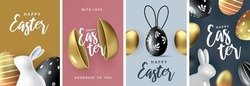 Easter Greeting Posters, Holiday Covers, Cards, Flyers Design.Modern Minimal Design  With Eggs And  Rabbits For Social Media, Sale, Advertisement, Web.