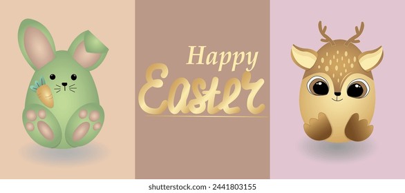 Easter greeting posters, holiday covers, cards, flyers design. Modern minimalistic design with eggs to fawns and rabbits for social networks, sales, advertising, Internet. Vector graphics.