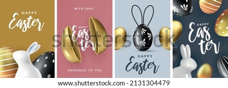 Easter greeting posters, holiday covers, cards, flyers design.Modern minimal design  with eggs and  rabbits for social media, sale, advertisement, web.