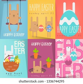 Easter Greeting Posters Set. Collection Mini Placards with Funny Easter Bunnies and Paschal Eggs in Cartoon Flat Style. Vector Illustration for Spring Holiday Banner and Easter Egg Hunt Announcement.