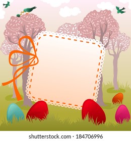 easter greeting with pretty garden full of colored eggs
