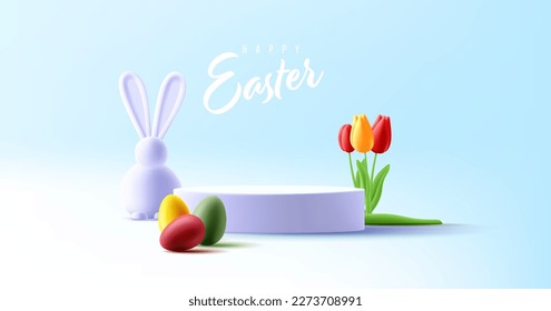 Easter greeting product placement podium with 3d render illustration of coloured eggs, white easter bunny and tulips flowers
