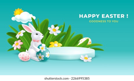 Easter greeting with product podium, cute bunny, coloured Easter eggs, spring grass and daisy flowers. Spring trendy 3d graphic concept. Vector realistic illustration EPS10