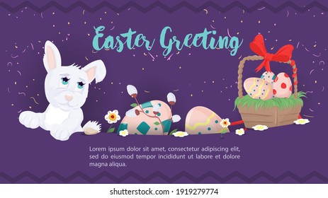 Easter greeting, rabbit and egg basket peeking out of pocket, vector illustration banner for holiday design decoration, purple background