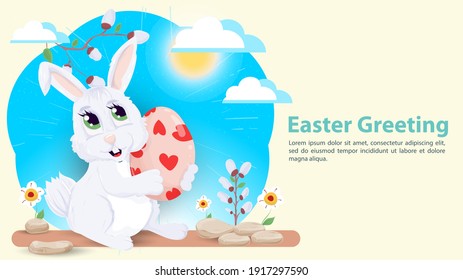 Easter greeting, rabbit holding a colored egg in its paws, flat vector illustration banner for holiday design decoration