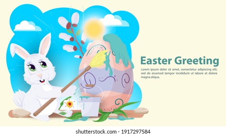Saludo de Pascua, huevo de pinturas de conejo, banner de ilustración de vector plano para decoración de diseño de vacaciones