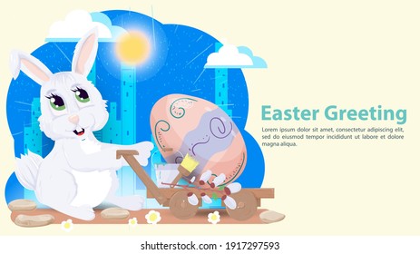 Easter greeting, rabbit rolls cart with colored egg, flat vector illustration banner for holiday design decoration