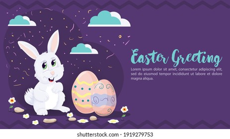 Easter greeting, Rabbit sitting next to painted eggs, flat vector illustration banner for holiday design decoration, purple background