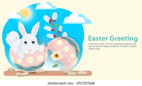 Easter greeting, rabbit sitting in a painted egg, flat vector illustration banner for holiday design decoration