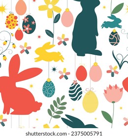   Easter greeting seamless pattern card. Easter eggs, rabbit bunny ears and spring flowers