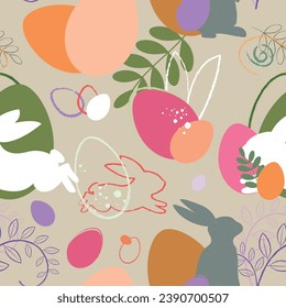 Easter greeting seamless pattern card. Easter eggs, rabbit, bunny ears and spring flowers decor	