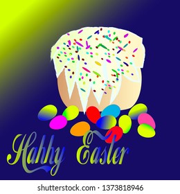 Easter greeting set, Easter cake colorful eggs, basket, flowers, vector graphic illustration