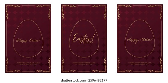 Easter greeting set. Dark red background with a geometric textured pattern, golden egg outline, and elegant inscriptions. Ornate gold frame with decorative leaves enhances the festive