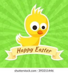 Easter greeting with small yellow chick and ribbon in retro style.
