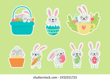 Easter greeting stickers with bunnies. Vector illustration. Set of cute cartoon characters and design elements.