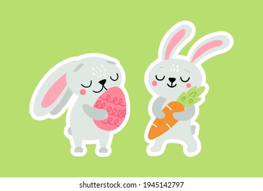 Easter greeting stickers with bunnies. Vector illustration. Set of cute cartoon characters and design elements.