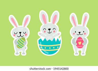 Easter greeting stickers with bunnies. Vector illustration. Set of cute cartoon characters and design elements.