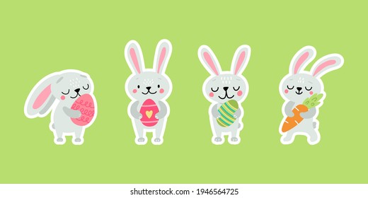 Easter greeting stickers with bunnies. Vector illustration. Set of cute cartoon characters and design elements.