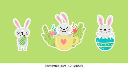 Easter greeting stickers with bunnies. Vector illustration. Set of cute cartoon characters and design elements.