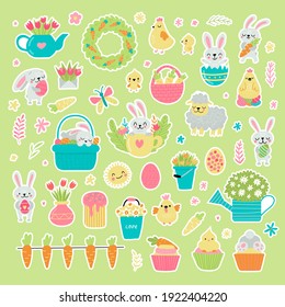 Easter greeting stickers with bunny, flowers, eggs. Vector illustration. Set of cute cartoon characters and design elements.