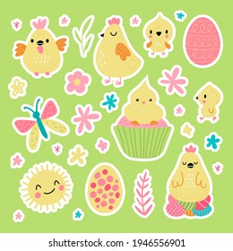 Pegatinas de saludo de Pascua con conejito. Ilustración vectorial. Conjunto de personajes lindos de dibujos animados y elementos de diseño.