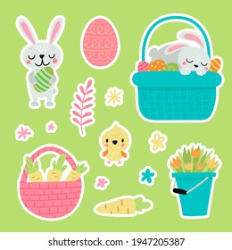 Easter greeting stickers with bunny. Vector illustration. Set of cute cartoon characters and design elements.