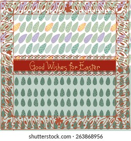 Easter greeting template with seamless patterns made with hand drawn elements