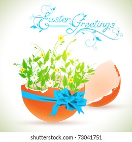 Easter greeting theme with decorated eggshell and flowers