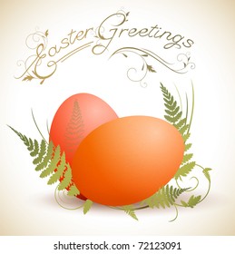 Easter greeting theme with eggs and green fern