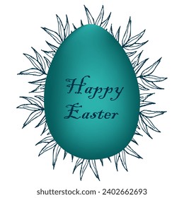 Easter greeting turquoise card. Vector illustration with leaves and Easter egg. Design for web, banner, poster, card, paper print, postcard, flyer.
