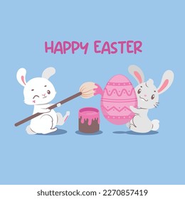 Easter greeting with two bunnies painting an egg