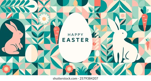 Easter greeting vector background. Modern geometric minimal abstract style with easter bunny, eggs, geometric elements, plants, flowers. Cute spring holiday art for poster, printing, invitation.