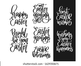 Easter greeting vector calligraphy lettering text for wall art, sticker or iron on design with egg clipart with a cute bow. Spring christian holiday typography phrases for cards or banners.