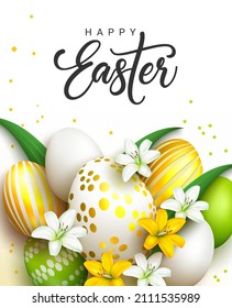 Easter greeting vector design. Happy easter typography text with 3d realistic flowers and eggs in gold pattern prints for seasonal holiday card decoration. Vector illustration.
