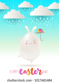 Easter greeting vector illustration. Cute cartoon character egg with bunny ears and umbrella under fake clouds with rain.