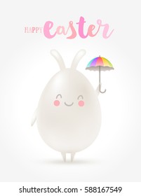 Ilustración vectorial de saludo de Pascua. Huevo de conejito con paraguas.
