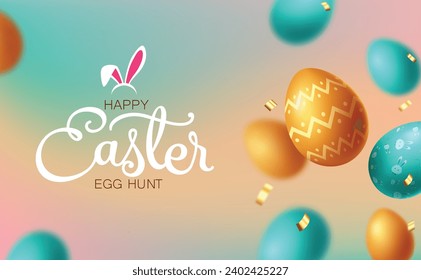 Easter greeting vector template design. Happy easter text with yellow and green eggs for easter celebration greeting card background. Vector illustration kids egg hunt celebration.
